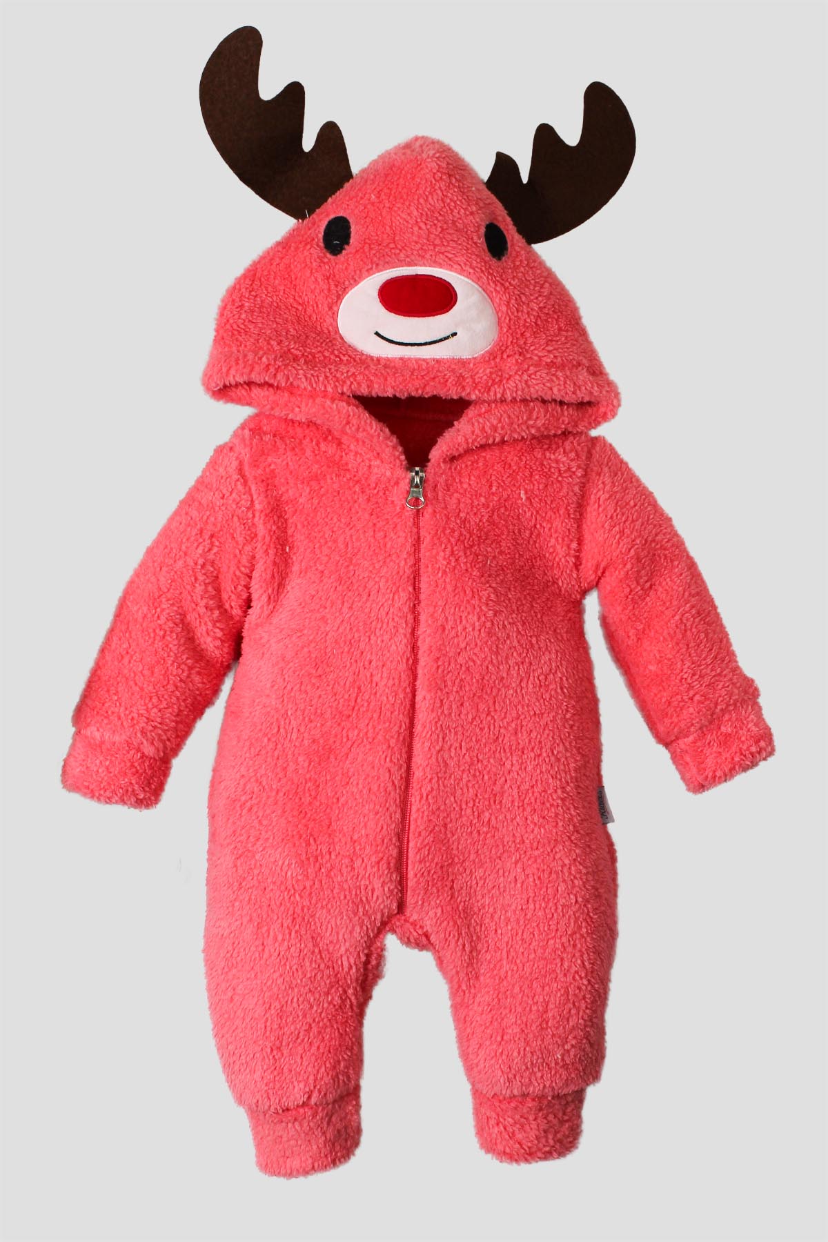 Kapüşonlu Peluş Geyik Figürlü Tulum Pembe Kırmızı Kahve 0-12 Ay